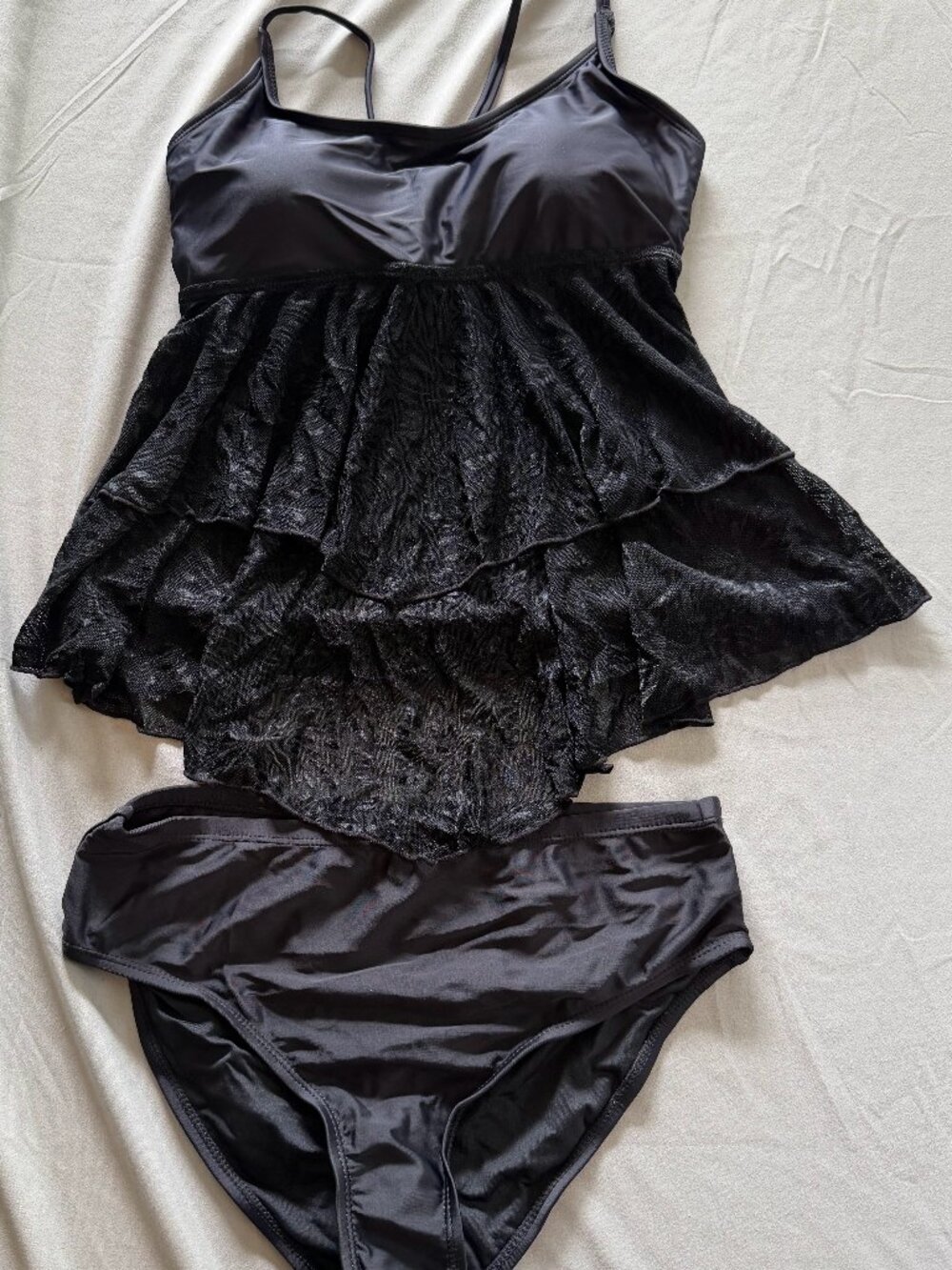 Women's Black Floral Sheer Lace Tankini Size Small Adjustable Straps